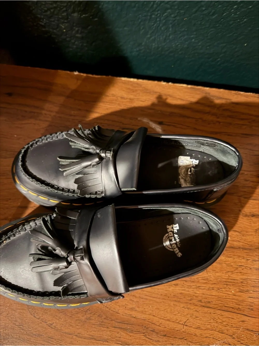 Dr. Martens Black Platform Tassel Loafers with Yellow Stitching